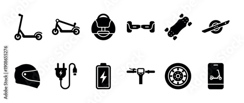 Set of black glyph icons representing personal electric mobility vehicles and related accessories like helmets, batteries, and charging plugs, presented as a minimalist vector collection