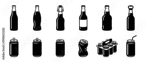 Collection of black silhouette beverage icons featuring different types of glass bottles and aluminum cans, including a six-pack and a crumpled can, in a simple vector style
