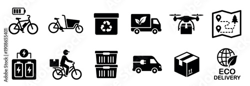 Set of black eco-friendly delivery icons showing sustainable logistics with an electric bike, van, drone, and recycling symbols for green transportation and shipping services
