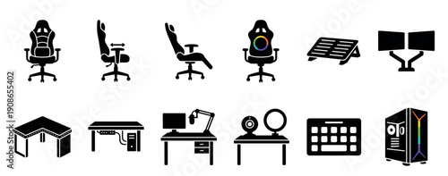 Black glyph icon set of gaming equipment and computer workstation furniture, including a chair, desk, dual monitor, PC tower, microphone, and webcam