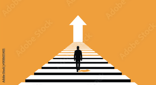 Businessman climbing stairs toward upward arrow of success