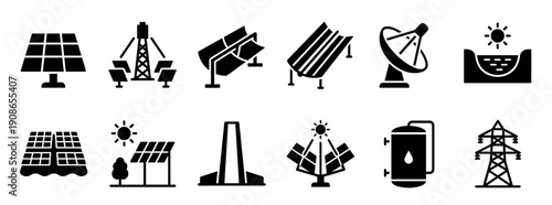 Set of black solar energy icons representing renewable power generation technology including panels, towers, and collectors in a minimalist glyph style