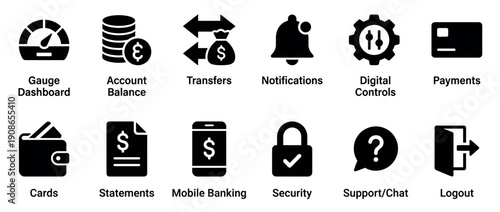 Collection of black glyph icons for banking and finance applications, including symbols for dashboard, balance, transfers, payments, security, and mobile banking features