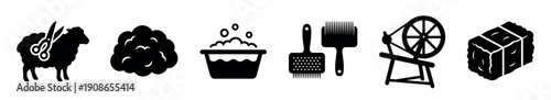 Set of black wool production icons showing the entire process from shearing a sheep, washing the fleece, carding, spinning on a wheel, and baling the final product