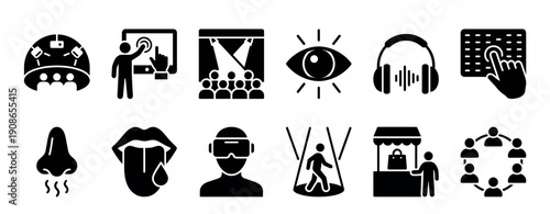 Black glyph icons set representing experiential marketing, sensory perception, and immersive technology for customer engagement and user experience