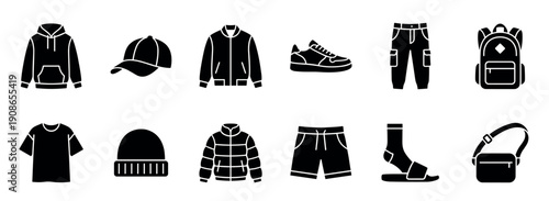 Men's clothing and accessories black glyph icons set featuring casual streetwear items like a hoodie, jacket, sneaker, backpack, and cap for graphic design or web interface