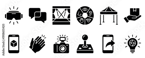 Set of black glyph icons representing event management, virtual reality, gaming, and technology, including sensory experience, photography, and mobile application symbols