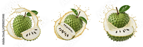 Fresh soursop fruit with juice splash explosion isolated on white background, high speed liquid splash photography, soursop juice concept for beverages and packaging, Annona muricata PNG