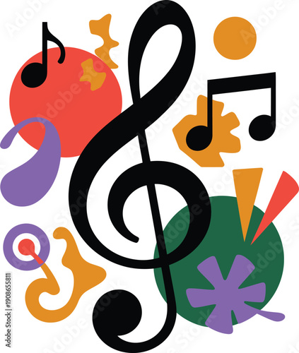 Vibrant musical notes and symbols in colorful harmony on white background