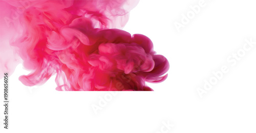 Pink ink dissolves in water creating abstract smoky swirls and organic shapes. Fluid dynamic motion with soft, ethereal wisps against a white background provides creative inspiration.