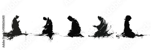 Islamic people praying in traditional poses created with minimalist black ink brush strokes for ramadan