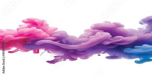 Vibrant pink, purple, and blue ink plumes spreading and swirling underwater, creating abstract fluid art, isolated on white background