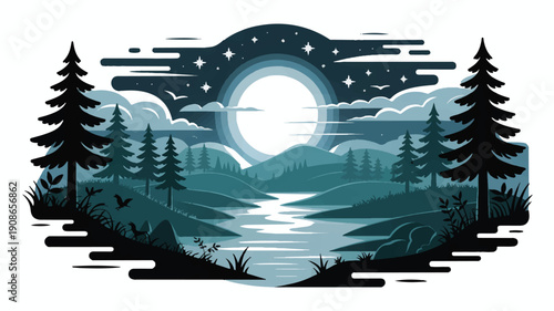 Cinematic Night Sky Forest Landscape: Ethereal dark forest scene with starry night sky, moonlight, and mystical atmosphere.