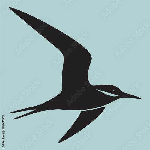 Black silhouette of frigatebird flying against light blue background simple flat design illustration for wildlife conservation or nature branding