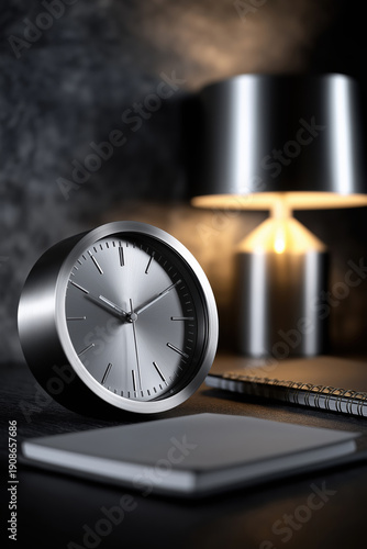 Wallpaper Mural Clock sits on desk next to notebook and lamp in a dark room Torontodigital.ca