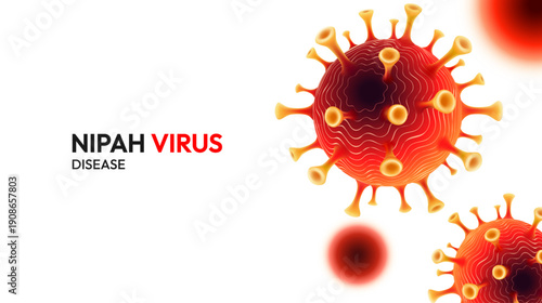 Nipah virus infection disease outbreak banner concept. Red microscopic virus cell vector illustration with typography on white.