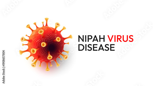 Nipah virus disease banner with red virus cell and text. Medical vector illustration of NiV outbreak concept.