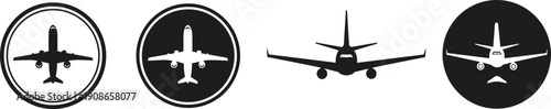 Airplane front view icons, aviation travel symbols in circle and silhouette styles, modern flight design, black and white vector illustration