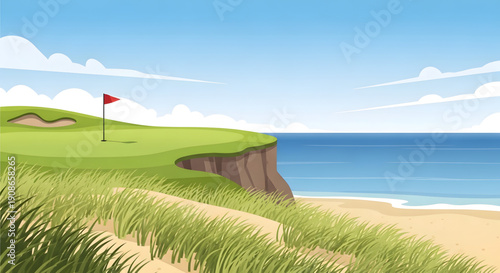 Cabot Cliffs golf course illustration. Dramatic coastal links golf landscape with ocean cliffs, dunes, seaside green. Flat vector style. Championship golf background