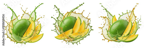 Fresh green mango with mango slices and tropical juice splash explosion isolated on white background, high speed liquid splash photography, green mango juice concept for beverages and packaging, Mangi