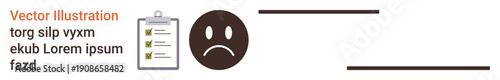 Emotions, feedback, performance reviews, mental health, productivity, evaluation. Sad face beside a clipboard with checkmarks. Emotions and feedback concepts in decision-making and evaluation