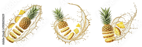 Fresh pineapple with pineapple slices and tropical juice splash explosion isolated on white background, high speed liquid splash photography, pineapple juice concept for cocktails, smoothies and packa