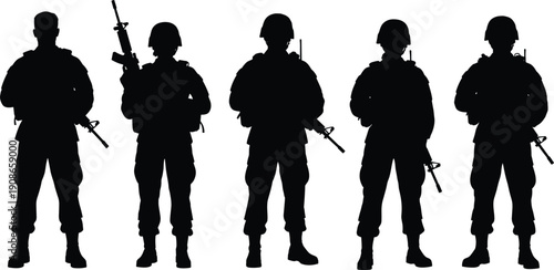 Soldier silhouette collection with rifles, military uniform, helmeted figures, armed forces security defense concept, flat vector illustration