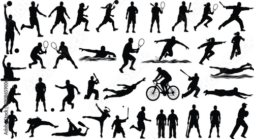 Sports silhouettes collection, dynamic athletic poses vector, basketball tennis baseball cycling swimming martial arts running illustration, fitness activity artwork - flat vector illustration