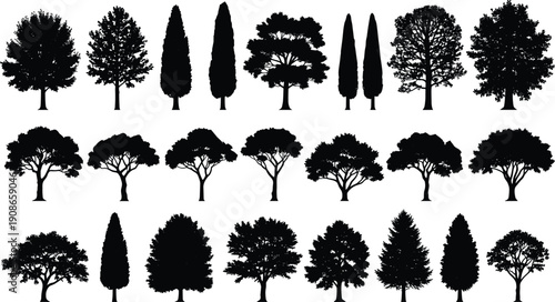 Tree silhouettes collection, diverse forest shapes, botanical foliage, coniferous and broadleaf trees, landscape design elements, nature illustration set - flat vector illustration