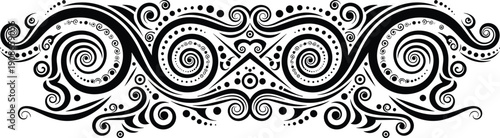 Tribal decorative design silhouette with symmetrical swirls, spirals, dots, curved lines, ornamental tattoo art concept, flat vector illustration