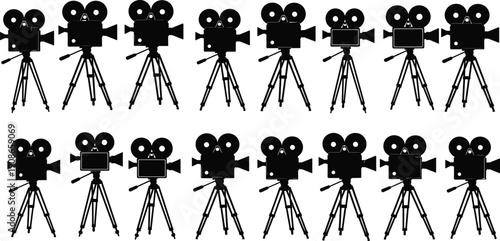 Vintage film camera silhouettes collection, retro movie equipment vector, tripod mounted reel cameras illustration, cinematic design elements artwork - flat vector illustration
