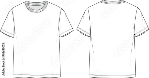 T‑shirt technical flat sketch front and back view with crew neckline, short sleeves, ribbed hem, apparel fashion design vector illustration