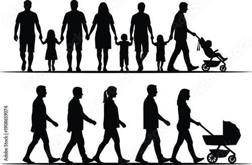 Walking people silhouettes, family community vector, parents and children together, stroller carriage illustration, outdoor lifestyle design elements artwork - flat vector illustration