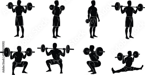 Weightlifting exercise silhouette set with barbell squats, curls, dumbbell lifts, strength training poses, fitness workout concept, flat vector illustration