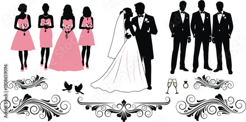 Wedding party silhouette illustration with bride groom, bridesmaids, groomsmen, floral decorations, birds, champagne glasses, ring celebration concept, flat vector illustration