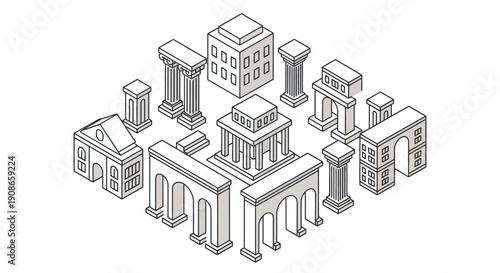 Isometric Architectural Buildings and Structures Illustration.