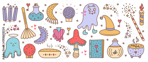 Color groovy witchy vector set. Vintage style isolated symbols. Whimsical characters, ghosts, magic elixirs, ball of predictions, etc. Vector retro cliparts