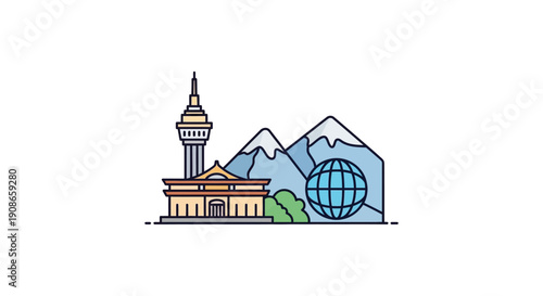 Illustration of Mosque with Tower and Globe.