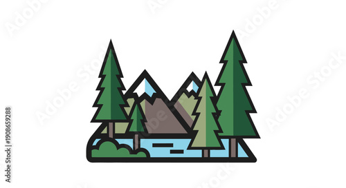 Illustration of Mountains and Trees by Lake.