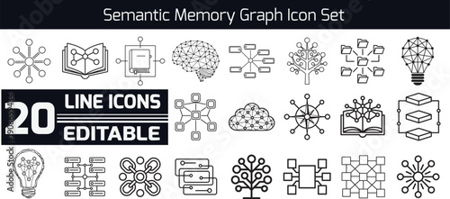 Semantic Memory Graph Line Icon Set: 20 Editable Vector Icons for Knowledge Graphs, Neural Networks, AI Data Structures, and Cognitive Science.