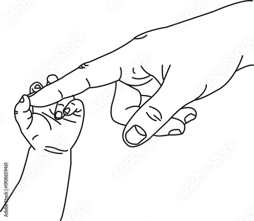Clean line art of a small baby hand curled around an adult finger