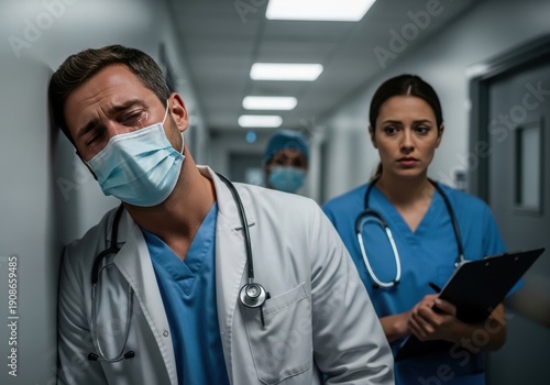 Medical professionals in a hospital corridor wearing masks and scrubs.