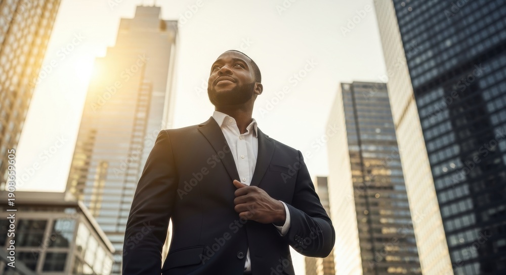 Fototapeta premium Confident businessman standing in front of city skyscrapers during sunrise.