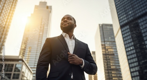 Confident businessman standing in front of city skyscrapers during sunrise.