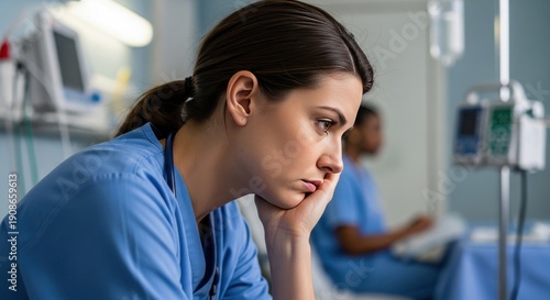 Nurse in blue scrubs leaning on her hand in a hospital room with a concerned expression.