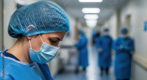 Healthcare professional in blue scrubs and mask in a hospital corridor