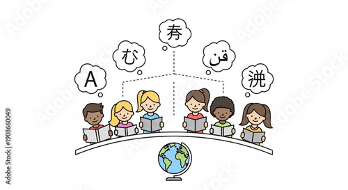 Diverse group of children learning languages around the globe