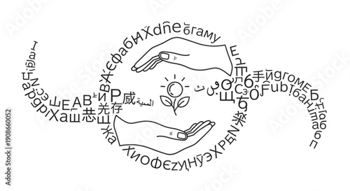 Hands nurturing a plant surrounded by global languages