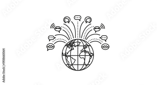 Global communication network with speech bubbles around the world