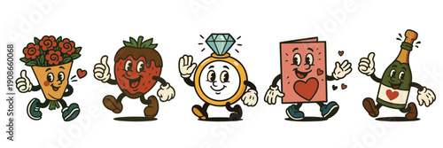 Cute retro Valentine’s Day mascot characters in vintage cartoon style